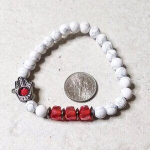 Hamsa Hand ~ Blessing Bracelet! Red Bling Beads & Howlite + Gunmetal